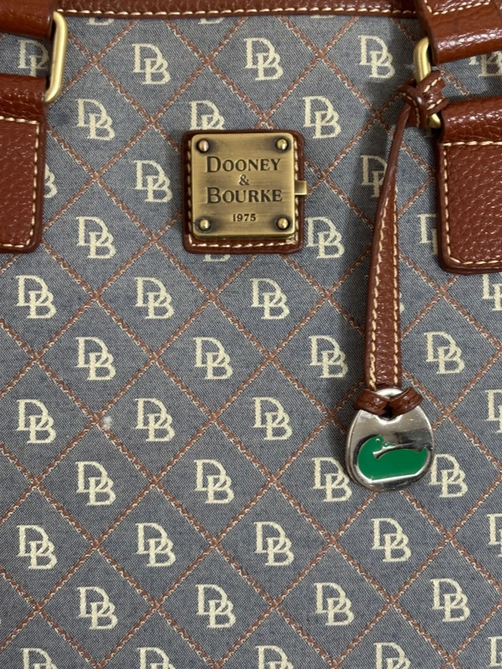 Dooney & Bourke Blue Gray Monogram Canvas Tote Brown Leather Duck Charm USA